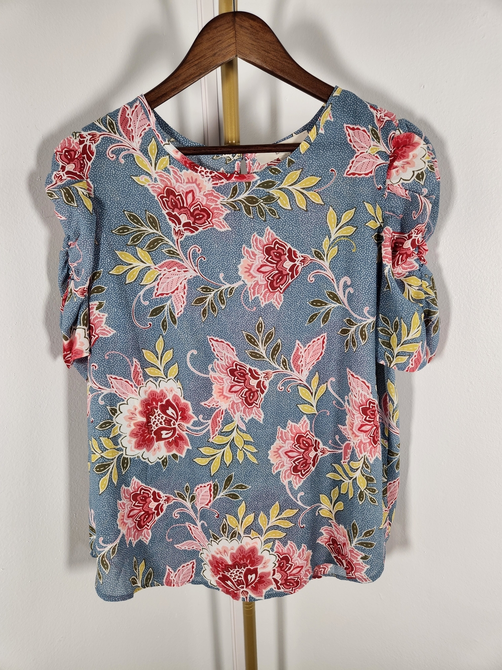 LOFT Blue Floral Puff-Sleeve Blouse with Pink and Yellow/Green Flowers